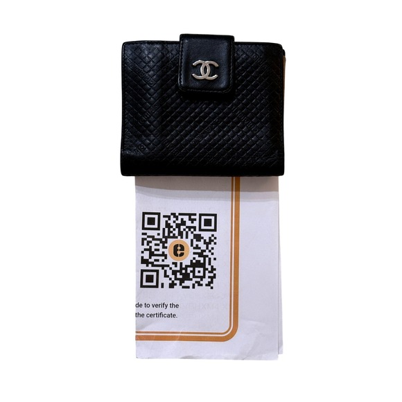 CHANEL Handbags - Chanel Calfskin Wallet Black Leather Camel Women's Bifold Timeless 2 COAs Card